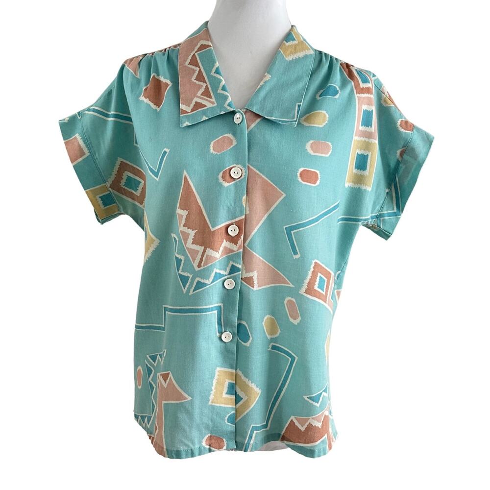 Judy Bond Vintage Cap Sleeve Button Front Memphis-Style Geometric Print